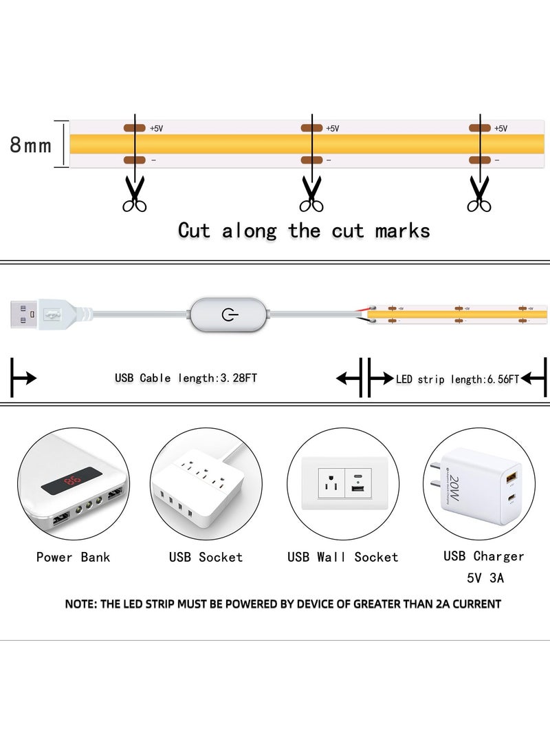 Hoasis LED Strip Lights， 5V USB 6.56ft/2m LEDs Touch stepless Dimmable USB Strip Light， 6000K White 10W Flexible 5v LED Lights for Bedroom，Kitchen, DIY Lighting Room， Decor TV - Image 3