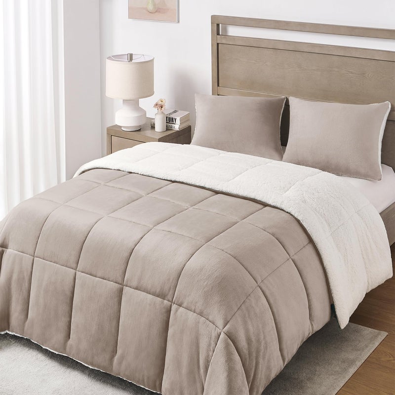 Basic Beyond Queen Comforter Set Luxury Fleece Sherpa Comforter Sets for Queen Bed Soft and Warm Queen Size Bedding Comforter Set for Winter Sand 88x88