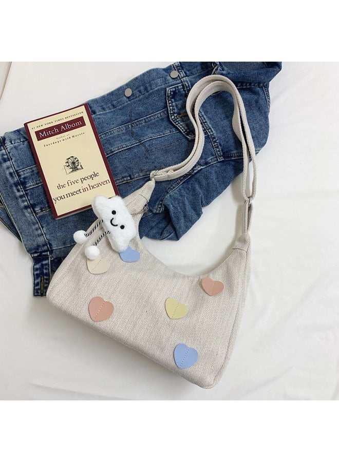 Artistic Fashion Large Capacity Tote Bag Women's 2024 Summer Simple Casual Shoulder Bag Sense Crossbody Bag-Color:White Love With Pendant  - Image 1