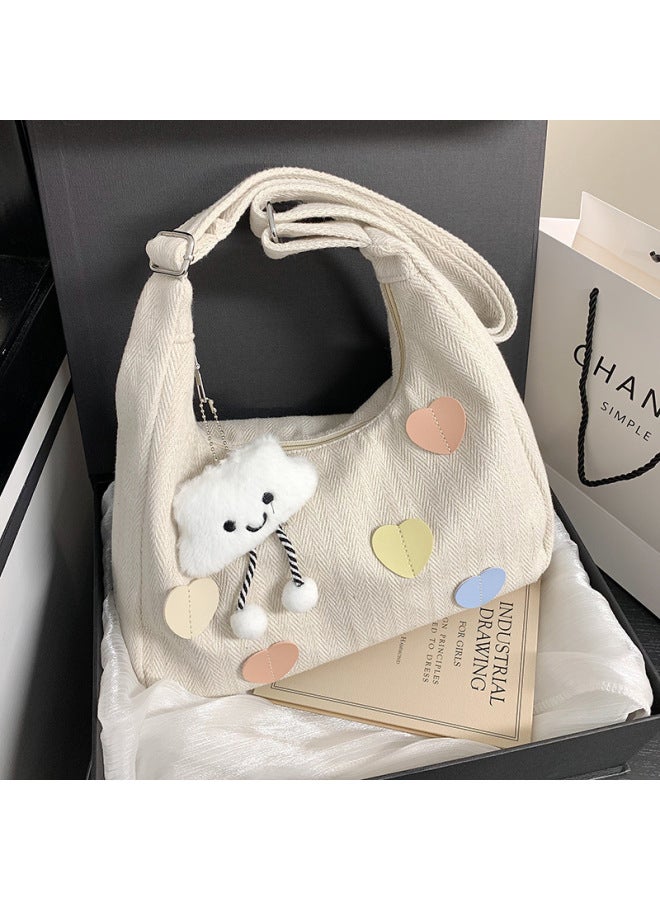 Artistic Fashion Large Capacity Tote Bag Women's 2024 Summer Simple Casual Shoulder Bag Sense Crossbody Bag-Color:White Love With Pendant  - Image 2