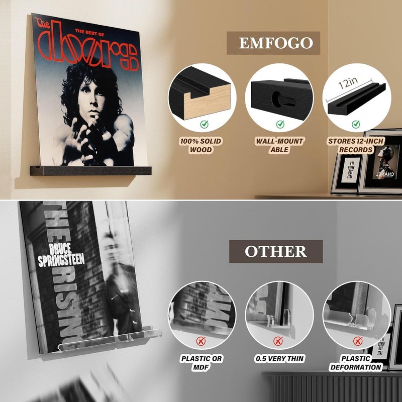 Emfogo Vinyl Record Shelf Wall Mount, 6 Pack Album Record Holder Wall, 12 inch Vinyl Record Storage Shelves Wall, Wood Record Display for Living Room(Black) - Image 5