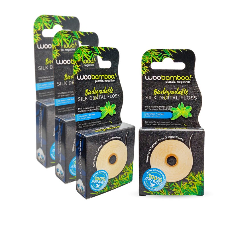 WooBamboo All Natural Silk Dental Floss Zero Waste 66 feet of MintFlavored Floss Biodegradable Pack of 4
