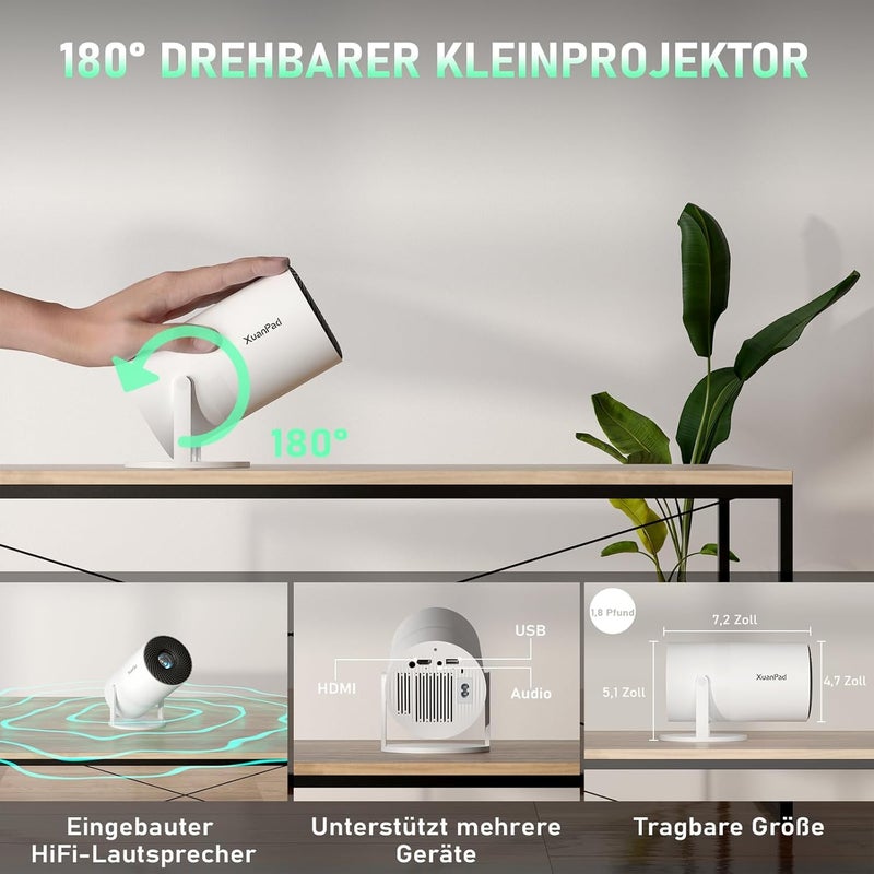 VishBin Mini Smart Projector 4K Full HD 1080P 180° Rotation Portable Projector Small Video Projector Mobile Phone Android OS 11.0 with 2.4/5G WiFi Bluetooth 5.0 Automatic Keystone Correction Home - Image 1