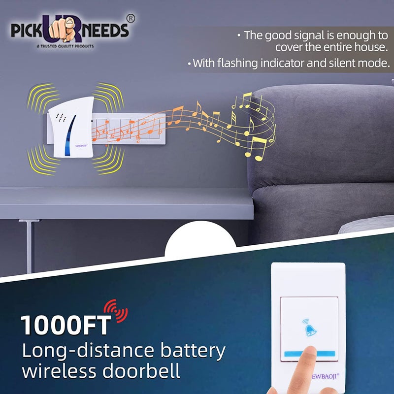 Pick Ur Needs جرس باب لاسلكي بعيد المدى مع نغمات قابلة للتعديل بسهولة مع جهاز تحكم عن بعد للاستخدام المتعدد - Image 3