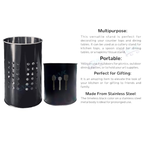EVK® Self Draining Tableware Storage Box - Spoon, Knife, Fork, Chopstick, Stainless Steel Cutlery Holder Organizer Stand for Kitchen (EVK-Big Dot & Small Spoon Cutlery-Black) - Image 2
