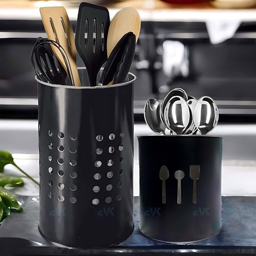 EVK® Self Draining Tableware Storage Box - Spoon, Knife, Fork, Chopstick, Stainless Steel Cutlery Holder Organizer Stand for Kitchen (EVK-Big Dot & Small Spoon Cutlery-Black) - Image 1