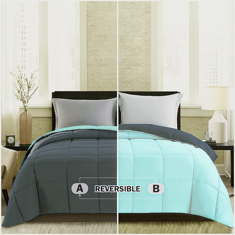BSB HOME Microfiber Solid Reversible Soft AC Comforter Double Bed Blanket for Summer/All Season (Aqua & Grey, 200GSM, King Size, 90 x 100 inches) - Image 1