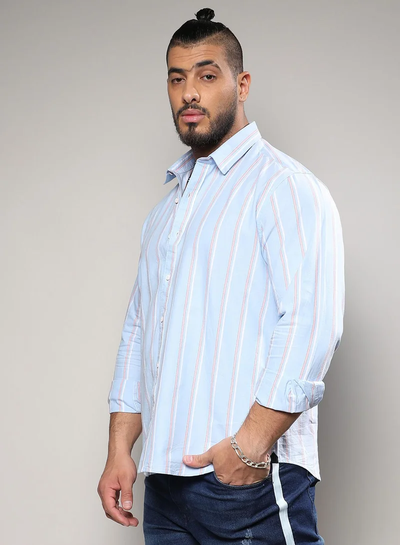 Instafab Plus Instafab Plus Men's Light Blue Striped Cotton Shirt Button Up Plus-Size Fit For Casual Wear | Cotton Spread Collar Shirt Crafted With Regular Sleeve & Comfort Fit For Everyday Wear