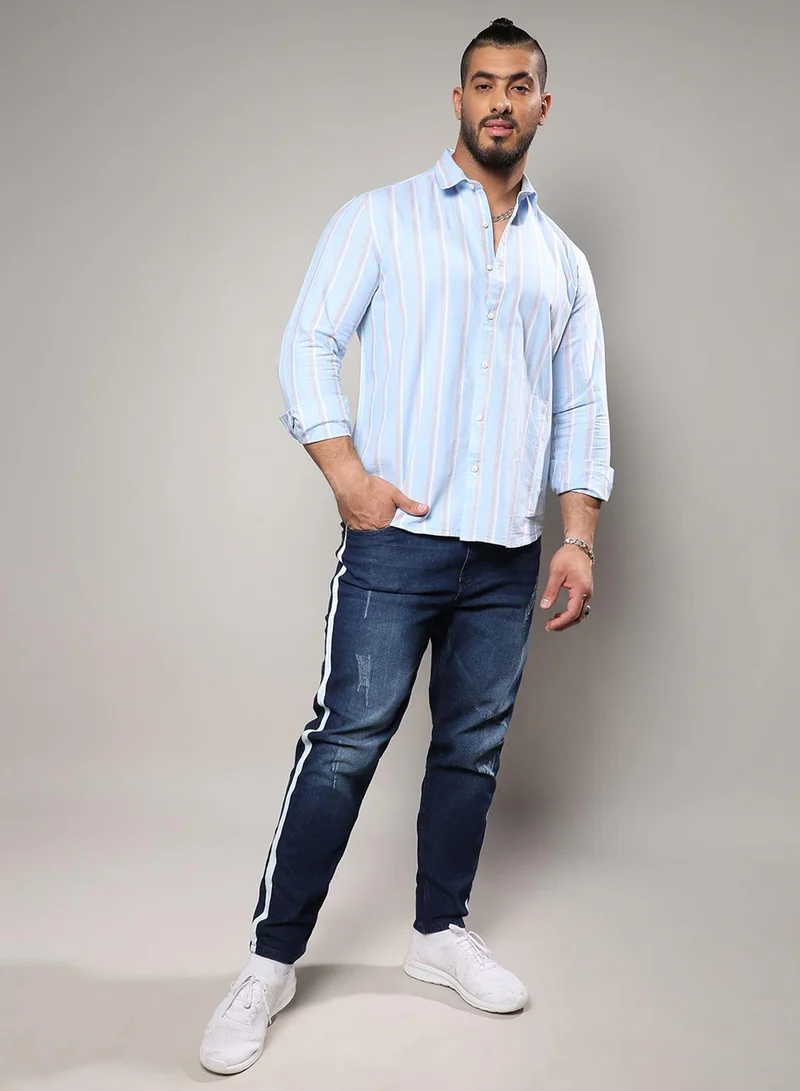 Instafab Plus Instafab Plus Men's Light Blue Striped Cotton Shirt Button Up Plus-Size Fit For Casual Wear | Cotton Spread Collar Shirt Crafted With Regular Sleeve & Comfort Fit For Everyday Wear