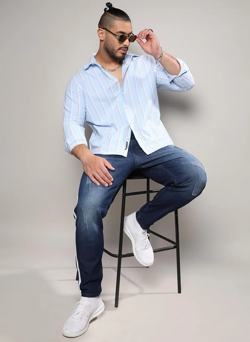 Instafab Plus Instafab Plus Men's Light Blue Striped Cotton Shirt Button Up Plus-Size Fit For Casual Wear | Cotton Spread Collar Shirt Crafted With Regular Sleeve & Comfort Fit For Everyday Wear
