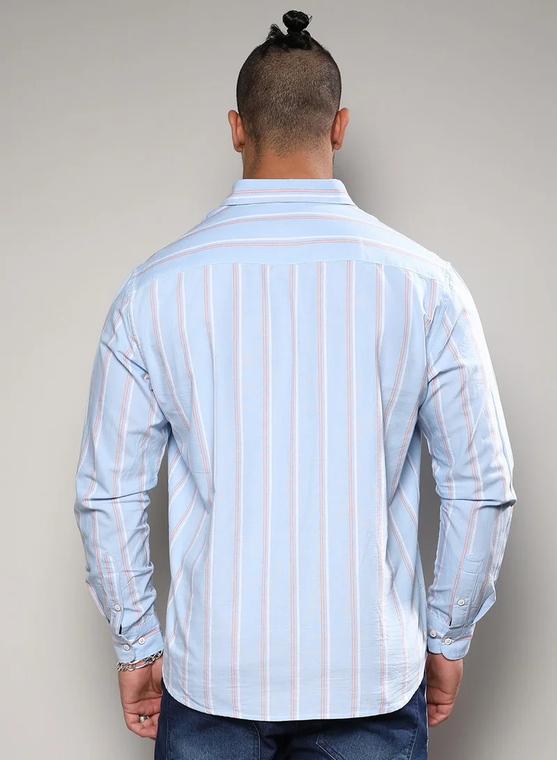 Instafab Plus Instafab Plus Men's Light Blue Striped Cotton Shirt Button Up Plus-Size Fit For Casual Wear | Cotton Spread Collar Shirt Crafted With Regular Sleeve & Comfort Fit For Everyday Wear