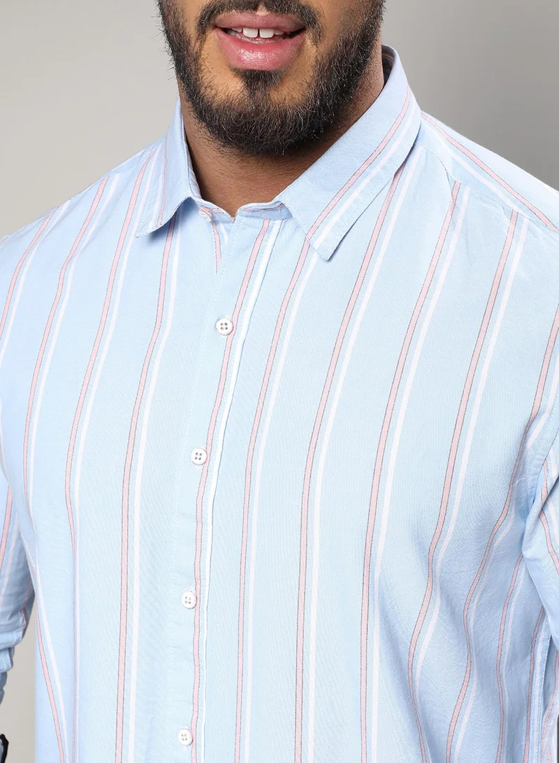 Instafab Plus Instafab Plus Men's Light Blue Striped Cotton Shirt Button Up Plus-Size Fit For Casual Wear | Cotton Spread Collar Shirt Crafted With Regular Sleeve & Comfort Fit For Everyday Wear
