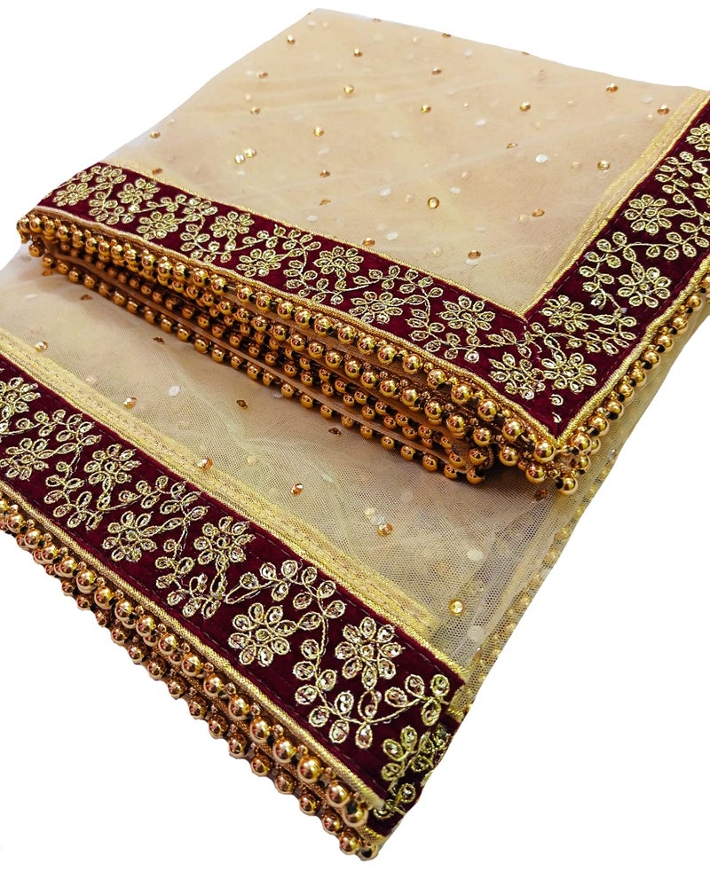 Navti Creations Women's Embroidered Net Dupatta (4-01_Beige, Golden, Maroon_Free Size) - Image 3