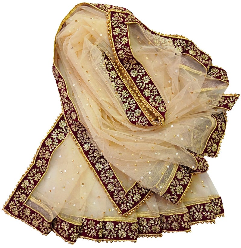 Navti Creations Women's Embroidered Net Dupatta (4-01_Beige, Golden, Maroon_Free Size) - Image 2