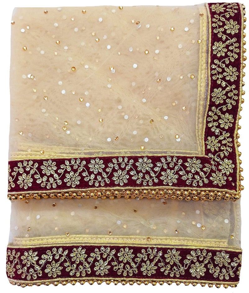 Navti Creations Women's Embroidered Net Dupatta (4-01_Beige, Golden, Maroon_Free Size) - Image 5