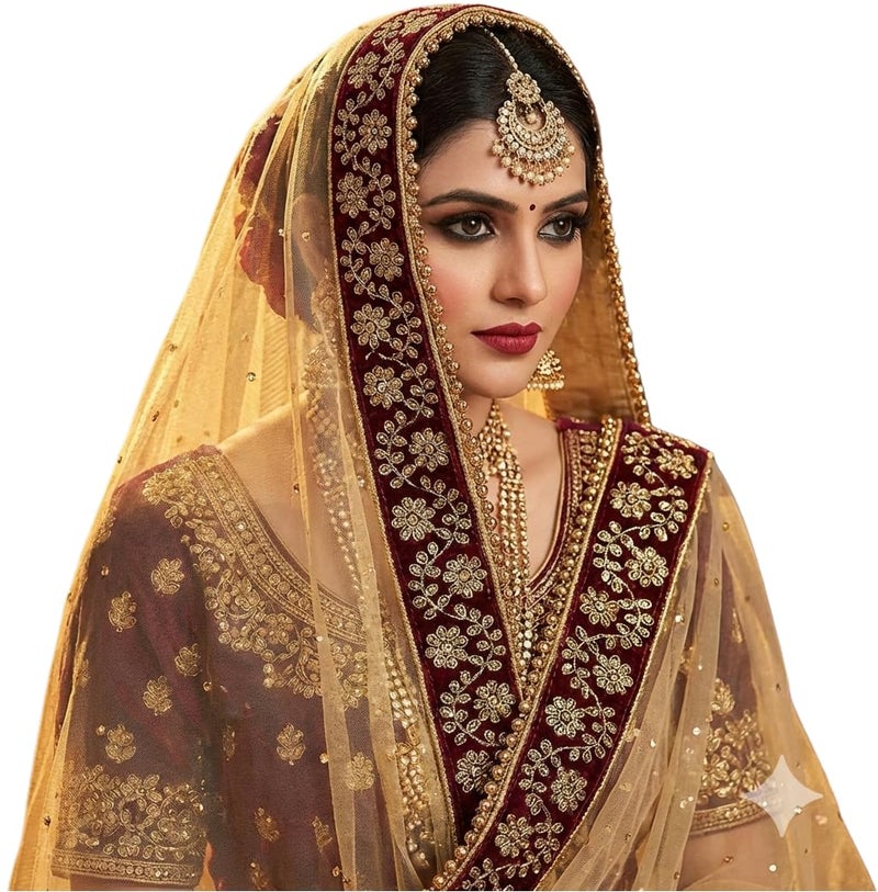 Navti Creations Women's Embroidered Net Dupatta (4-01_Beige, Golden, Maroon_Free Size) - Image 1