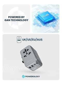 باورولوجي محول سفر عالمي متعدد المنافذ 65 وات / 3 منافذ من النوع C / 2 منافذ USB-A / شحن سريع / شحن سريع / آمن للاستخدام / مضاد للحرارة / أحدث التقنيات - رمادي  - Image 3