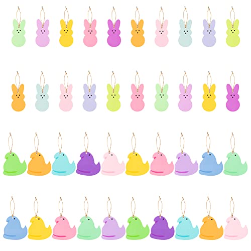 W1cwey Easter Decorative Hanging Ornaments 40 Pcs Easter Peeps Bunny Chick Painted Wooden Hanging Ornament Decor Candy Color Pendant Hello Spring Easter Party Hanging Tree Decorations Art Crafts Tag - Image 1