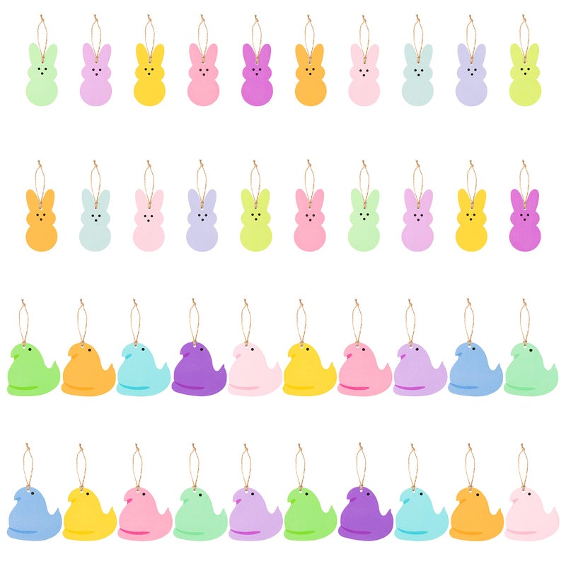 W1cwey Easter Decorative Hanging Ornaments 40 Pcs Easter Peeps Bunny Chick Painted Wooden Hanging Ornament Decor Candy Color Pendant Hello Spring Easter Party Hanging Tree Decorations Art Crafts Tag - Image 2