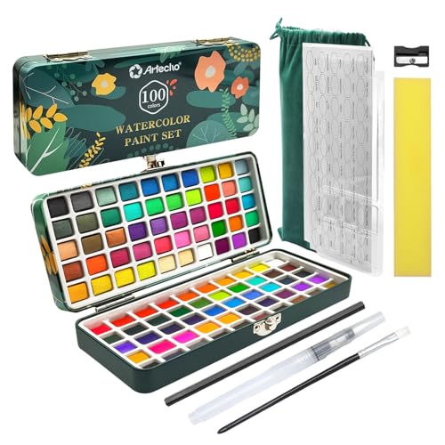 Artecho Watercolor Paint Set 100 Colors with Metallic in Portable Box, Paint Kit with Watercolor Papers and Brushes, Water Color Set for Beginners & Professionals - Image 1