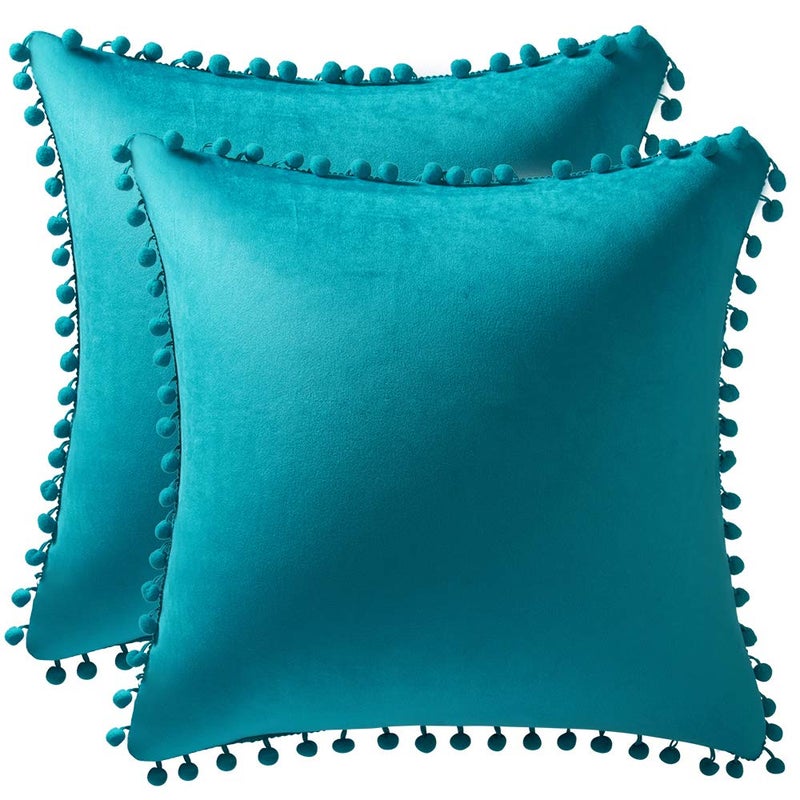 DEZENE Throw Pillow Cases 24x24 Turquoise: 2 Pack Cozy Soft Pom-poms Velvet Square Decorative Pillow Covers for Farmhouse Home Decor - Image 1