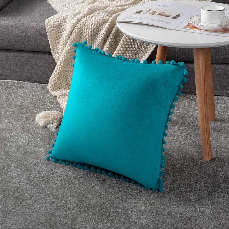 DEZENE Throw Pillow Cases 24x24 Turquoise: 2 Pack Cozy Soft Pom-poms Velvet Square Decorative Pillow Covers for Farmhouse Home Decor - Image 5