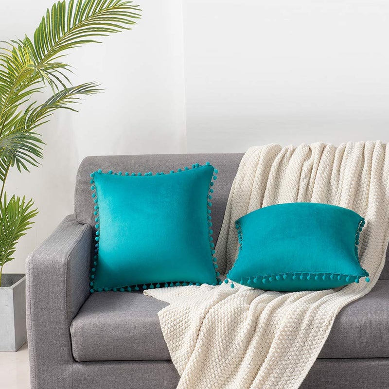 DEZENE Throw Pillow Cases 24x24 Turquoise: 2 Pack Cozy Soft Pom-poms Velvet Square Decorative Pillow Covers for Farmhouse Home Decor - Image 3