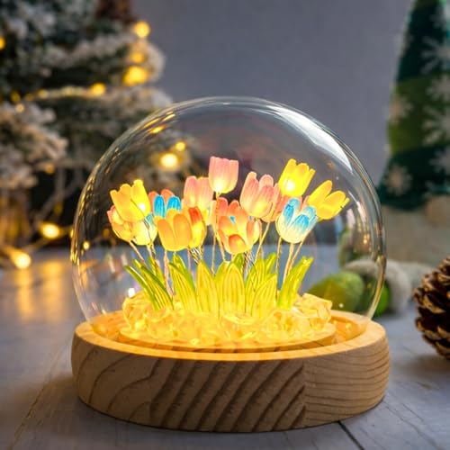 One94Store Multi-Color Tulip LED Night Lamp | Glass Decorative Light with 10 Artificial Flowers for Bedroom, Home Decor, Living Room & Special Occasions (8 cm) - Image 1