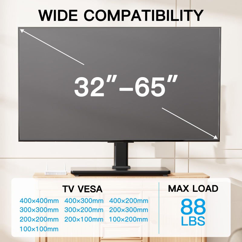 PERLESMITH Universal Swivel TV Stand-Table Top TV Stand for 32-65 inch TV-Height Adjustable TV Base with Heavy-Duty Tempered Glass Base, VESA 400x400mm up to 88lbs, PSTVS17 - Image 2