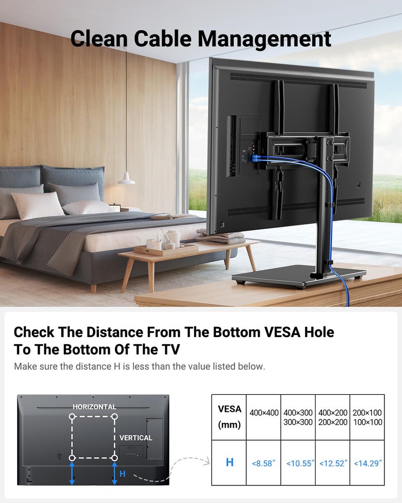PERLESMITH Universal Swivel TV Stand-Table Top TV Stand for 32-65 inch TV-Height Adjustable TV Base with Heavy-Duty Tempered Glass Base, VESA 400x400mm up to 88lbs, PSTVS17 - Image 3