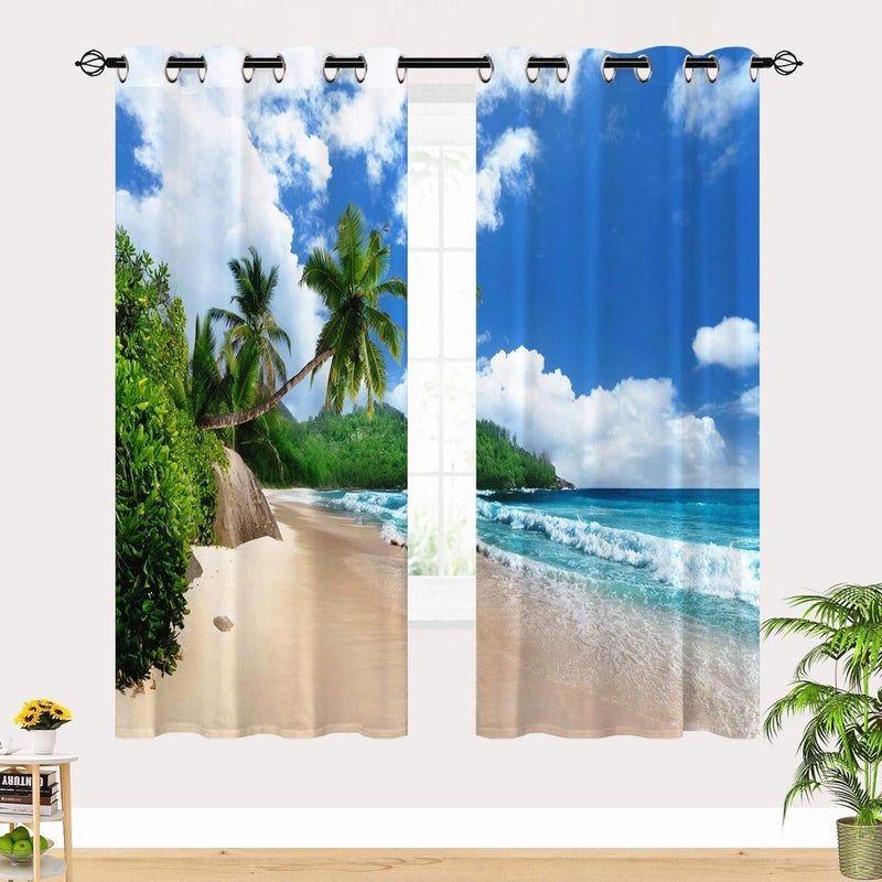 ستائر شاطئ مقاس 29.5 × 65 بوصة بحلقات، استوائي، ساحلي، جزيرة، أشجار نخيل، صيف، أمواج محيط، نمط مطبوع، قماش مقاوم للماء، ستائر نافذة لغرفة النوم وغرفة المعيشة والحمام وغرفة الغسيل، لوحتان. - Image 2