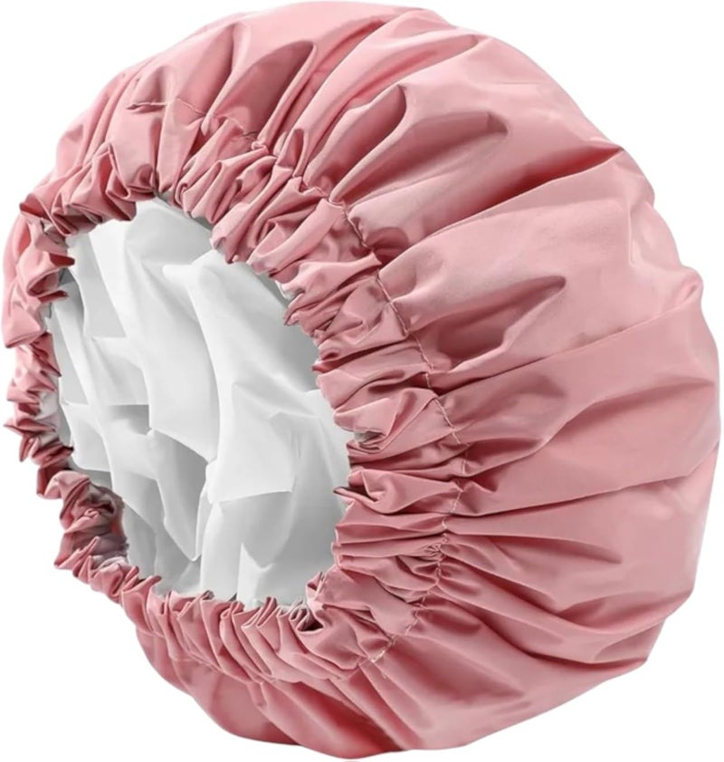 MZ Luxury Satin Waterproof Shower Cap, Double-Layer Design, Pink and White