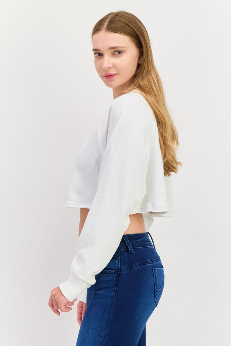 NIA Women Crew Neck Long Sleeves Solid Crop Sweatshirt, White - Image 2