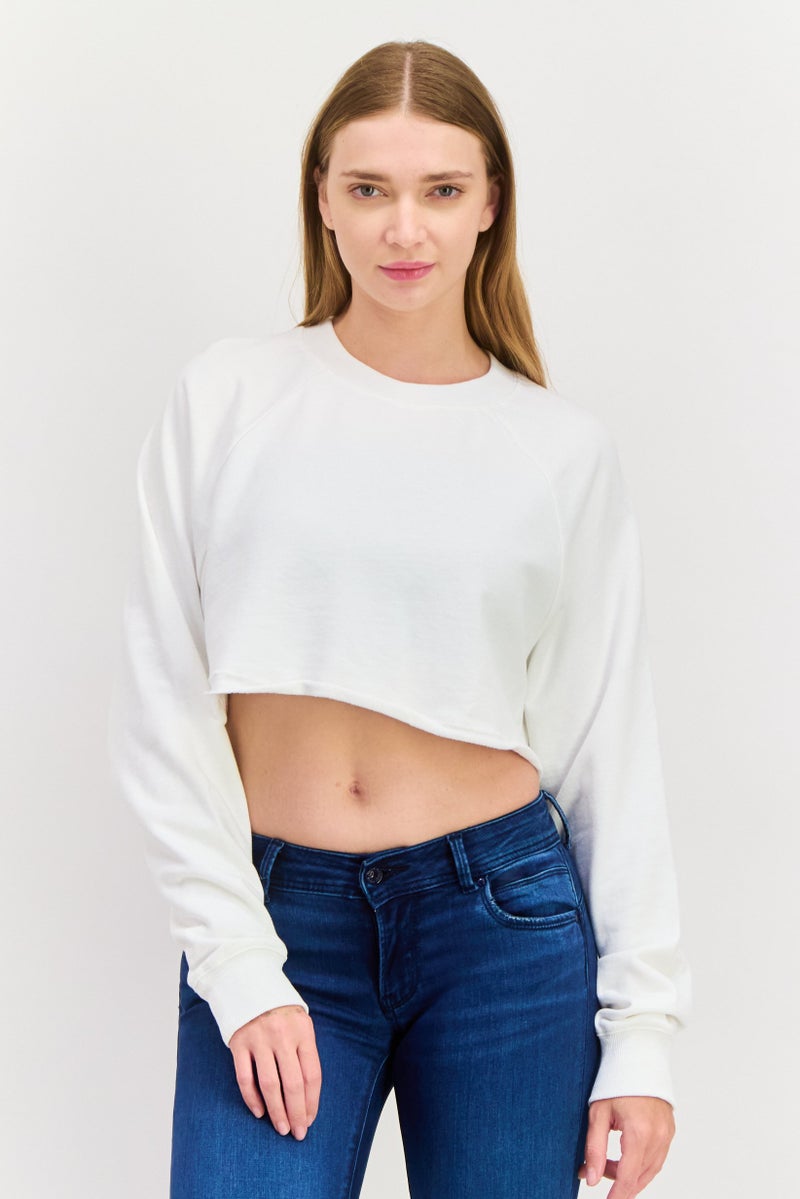 NIA Women Crew Neck Long Sleeves Solid Crop Sweatshirt, White - Image 1