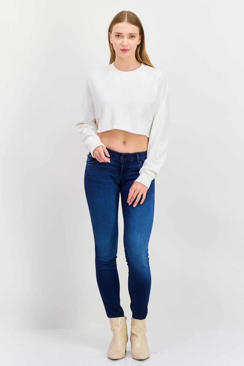 NIA Women Crew Neck Long Sleeves Solid Crop Sweatshirt, White - Image 4
