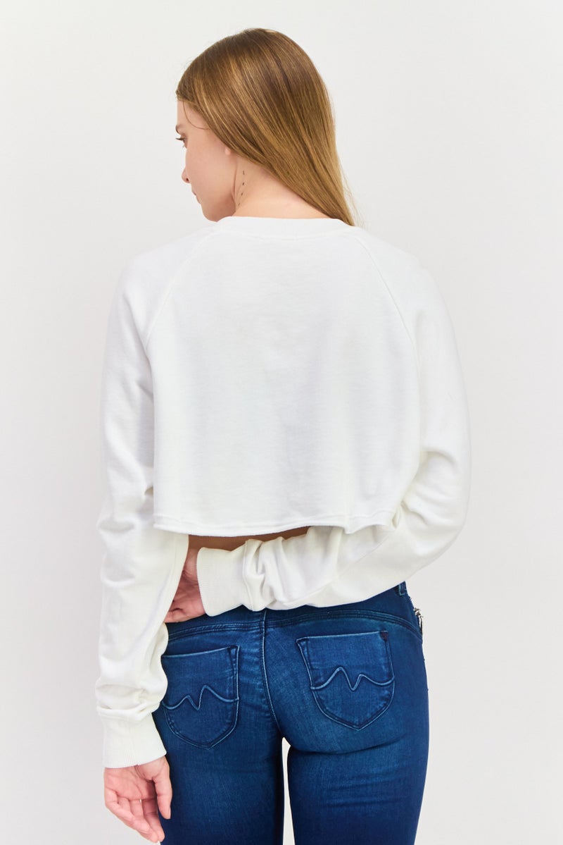 NIA Women Crew Neck Long Sleeves Solid Crop Sweatshirt, White - Image 3