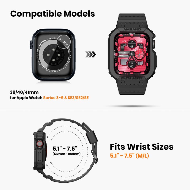 amBand Compatible for Apple Watch Band 41mm 40mm 38mm with Bumper Case, Rugged Men Women Bands for iWatch SE 3 SE2nd SE Series 9 8 7 6 5 4 3 2, Sport Military Protective Cases Drop-Proof, Matte Black - Image 2