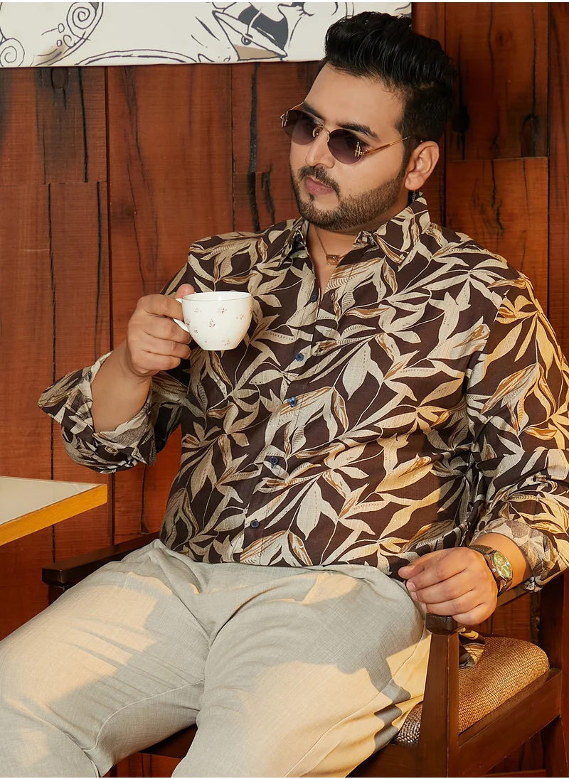 انستافاب بلس Instafab Plus Men's Chocolate Brown Flóré Noir Shirt For Casual Wear | Spread Collar | Long Cuffed Sleeves | Button Closure | Plus Size Shirt Crafted With Comfort Fit For Everyday Wear
