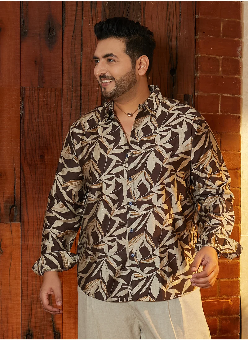 انستافاب بلس Instafab Plus Men's Chocolate Brown Flóré Noir Shirt For Casual Wear | Spread Collar | Long Cuffed Sleeves | Button Closure | Plus Size Shirt Crafted With Comfort Fit For Everyday Wear