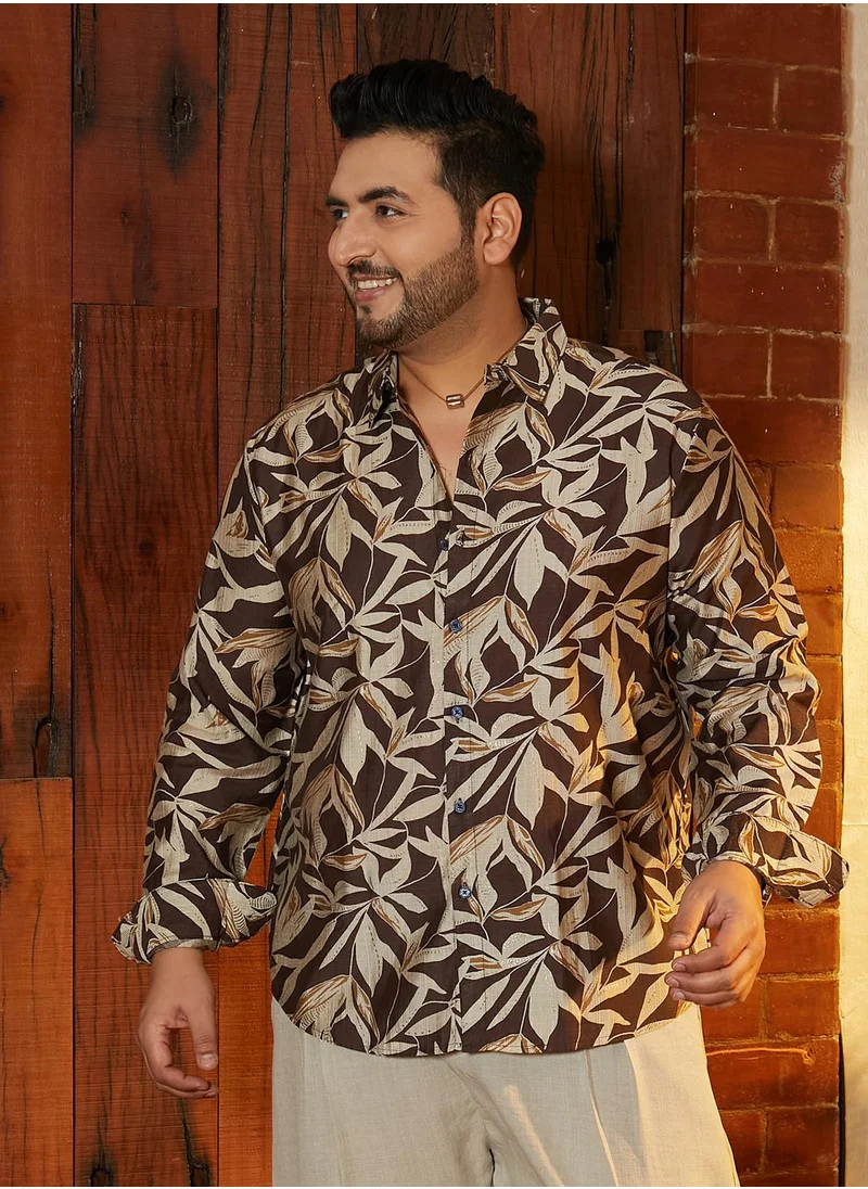 انستافاب بلس Instafab Plus Men's Chocolate Brown Flóré Noir Shirt For Casual Wear | Spread Collar | Long Cuffed Sleeves | Button Closure | Plus Size Shirt Crafted With Comfort Fit For Everyday Wear