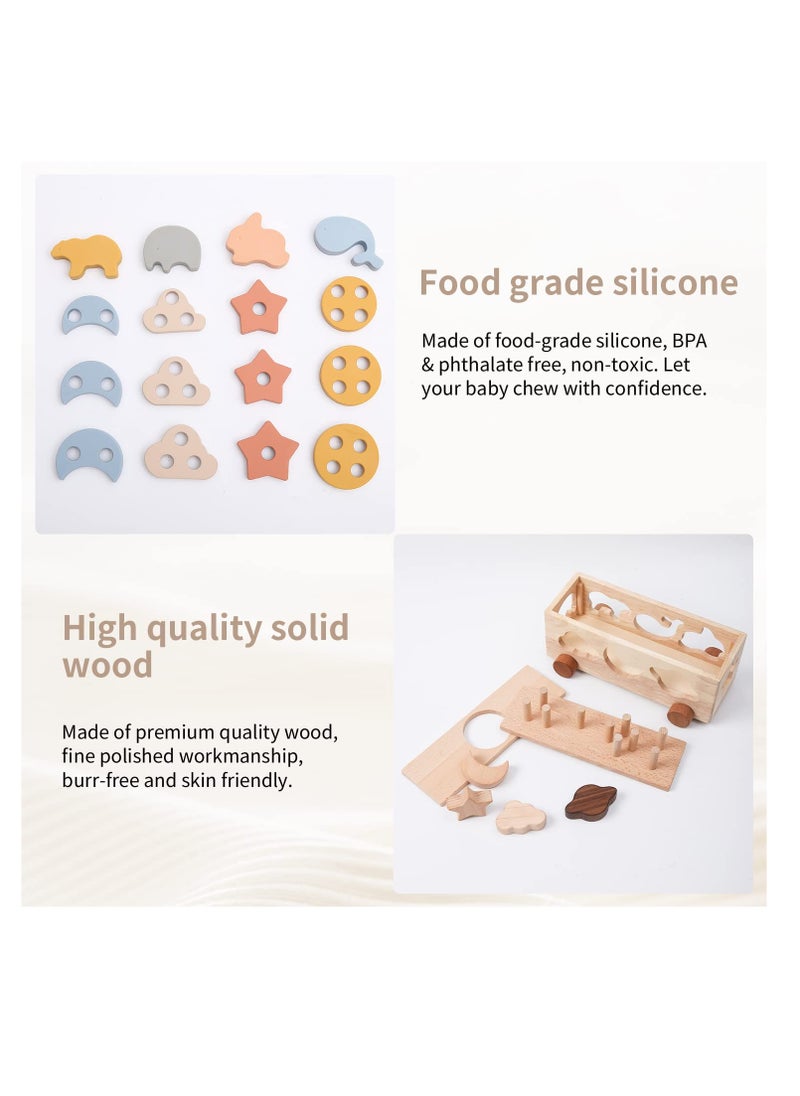 Excefore Wooden Shape Sorter Car Toys, Silicone Montessori Stack Toy Car, Wooden Sorting Car Toy, Learning Educational Toys, Gifts for Preschool Baby Boys & Girls or Toddlers 1-3 Years Old  - Image 4