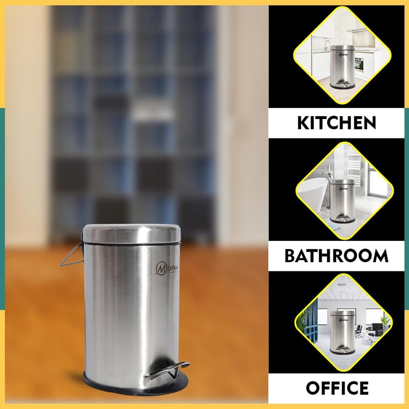 mofna Mofna Stainless Steel Silver Pedal Dustbin Trash can Paper Bin Round Shape use for Home Office Kitchen Bathroom Set of 1 8X12 7 Liter  - Image 4