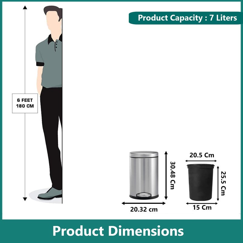mofna Mofna Stainless Steel Silver Pedal Dustbin Trash can Paper Bin Round Shape use for Home Office Kitchen Bathroom Set of 1 8X12 7 Liter  - Image 2