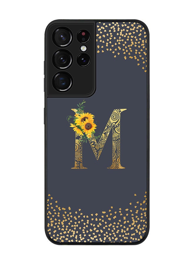 Stylizedd Rugged Black edge case for Samsung Galaxy S21 Ultra 5G Slim fit Soft Case Flexible Rubber Edges Anti Drop TPU Gel Thin Cover - Custom Monogram Initial Letter Floral Pattern Alphabet - M (Grey ) - Image 1