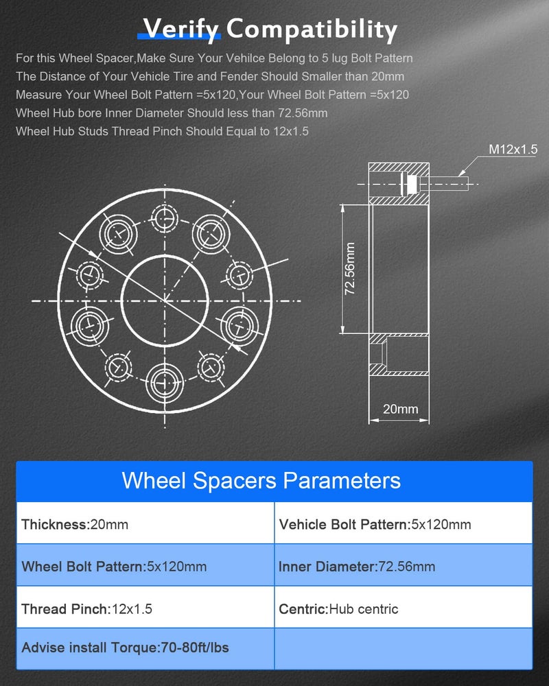 ECCPP 4X 5 Lug Hub Centric Wheel Spacers 20mm Thick 5x120mm to 5x120mm with 12x1.5 for E46 E90 E91 E92 E93 E60 E61 E82 E88 E30 E36 E28 E34 E24 E63 E64 E23 E32 E38 E52 - Image 4