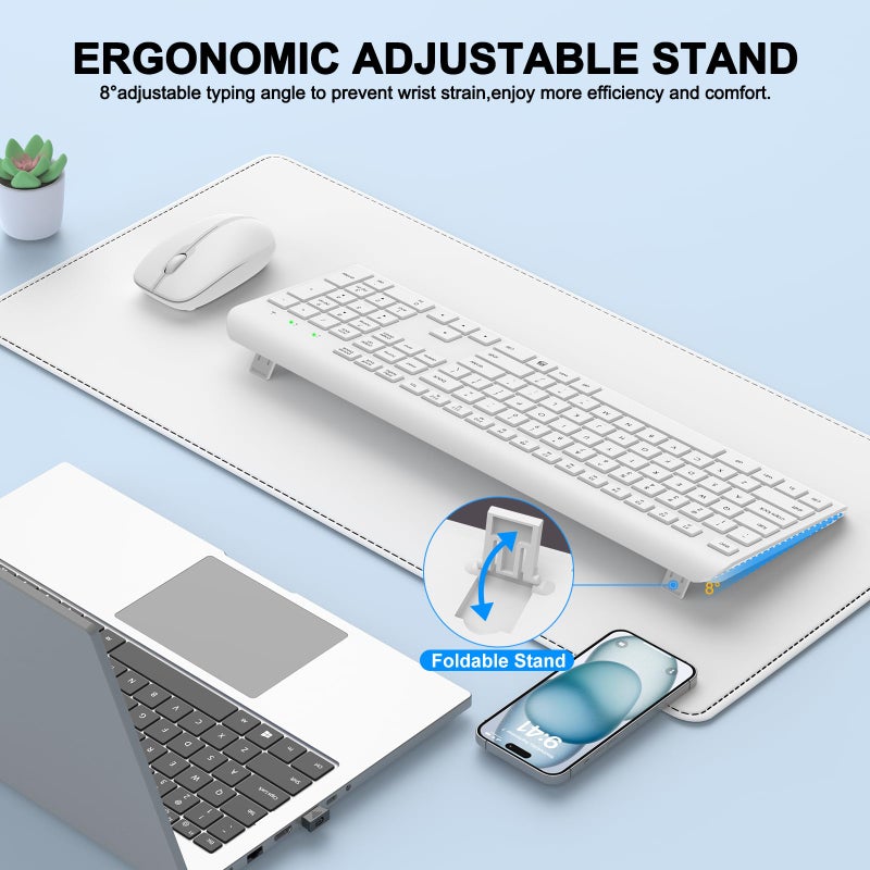EDJO Wireless Keyboard and Mouse Combo, Full Size Silent Ergonomic Keyboard and Mouse, Long Battery Life, Optical Mouse, 2.4G Lag-Free Cordless Mice Keyboard for Computer, Mac, Laptop, PC, Windows(White) - Image 4
