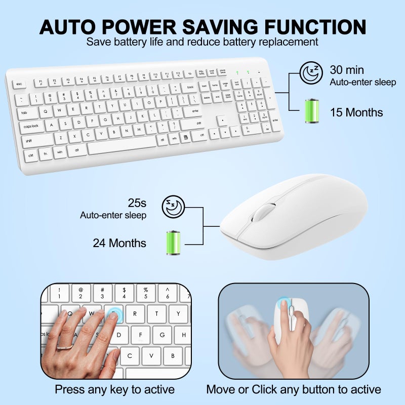 EDJO Wireless Keyboard and Mouse Combo, Full Size Silent Ergonomic Keyboard and Mouse, Long Battery Life, Optical Mouse, 2.4G Lag-Free Cordless Mice Keyboard for Computer, Mac, Laptop, PC, Windows(White) - Image 3