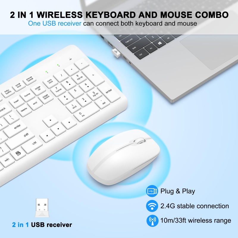 EDJO Wireless Keyboard and Mouse Combo, Full Size Silent Ergonomic Keyboard and Mouse, Long Battery Life, Optical Mouse, 2.4G Lag-Free Cordless Mice Keyboard for Computer, Mac, Laptop, PC, Windows(White) - Image 2