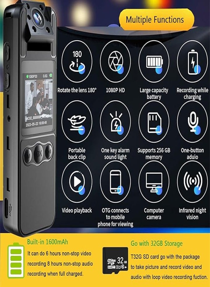 Mini Body Worn Camera with Audio and Video Recording, Portable 1080P HD Camera with 128GB Card, 180° Rotating Lens, Night Vision, Small Personal Body Worn Camera, Camera - Image 5