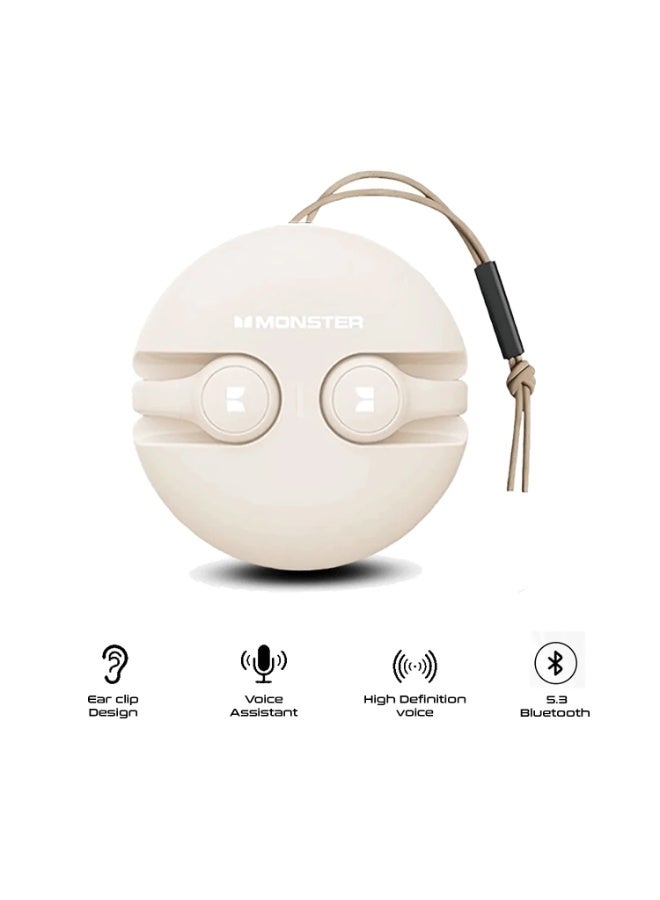 Monster Ear Clip Bluetooth Headset – Bluetooth 5.3, Seamless Connectivity, Hifi Sound Wireless Earbuds, & 22+hr Battery Life, Beige - Image 2